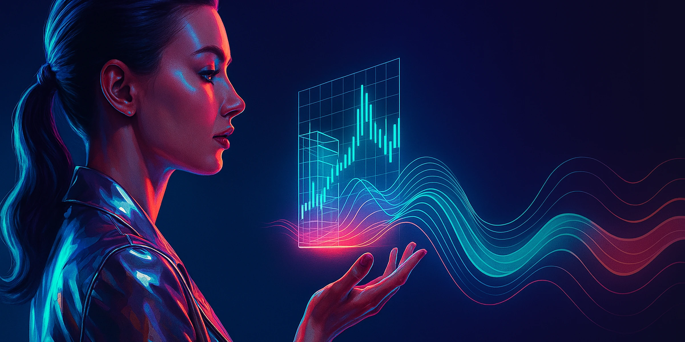 Glamorous portrait with neon liquidity waves and a depth grid on a midnight-blue background