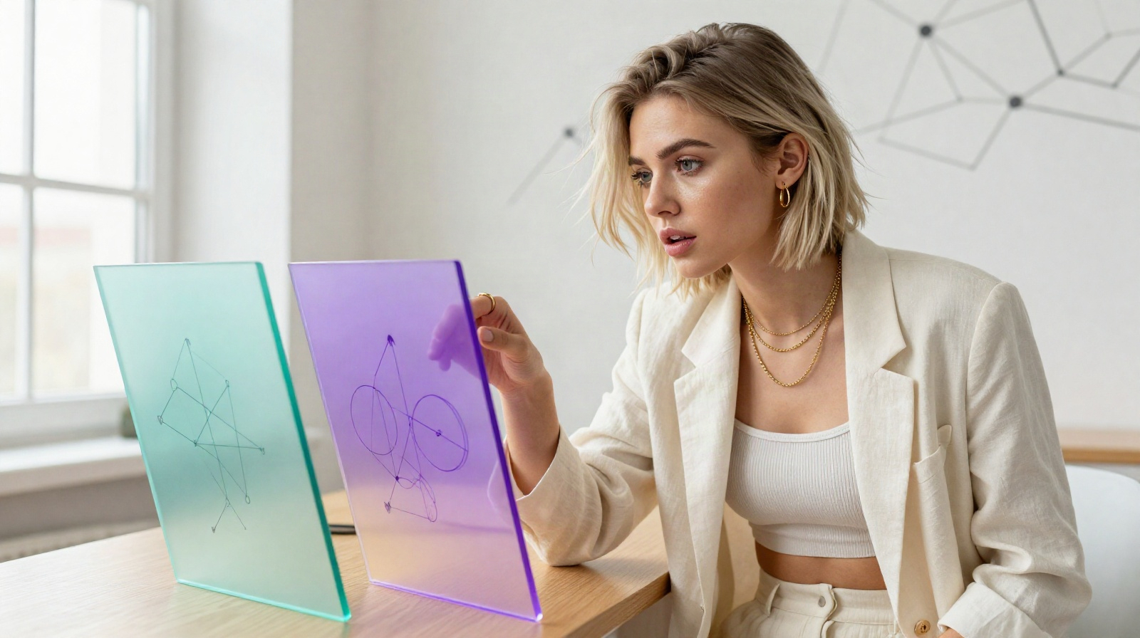 A woman analytically comparing two diverging staking paths on frosted glass panels at a dark desk, representing the choice between withdrawing and redelegating SOL stake to a diffe